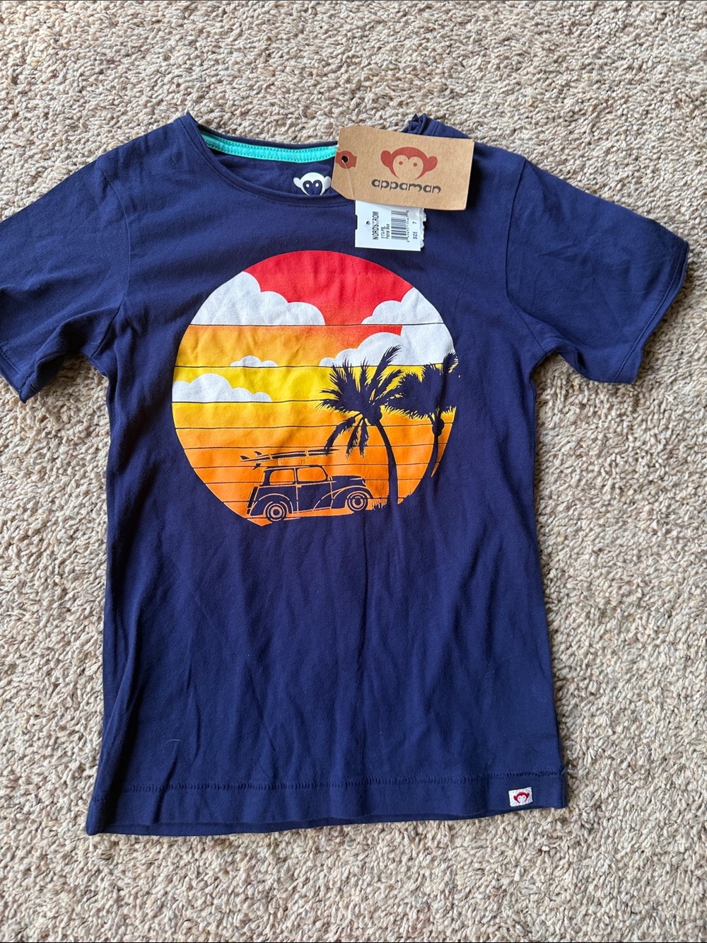 Appaman Boys Graphic Tee Shirt NWT Sunset  Beach Palm Tree Car Navy Blue Size 7